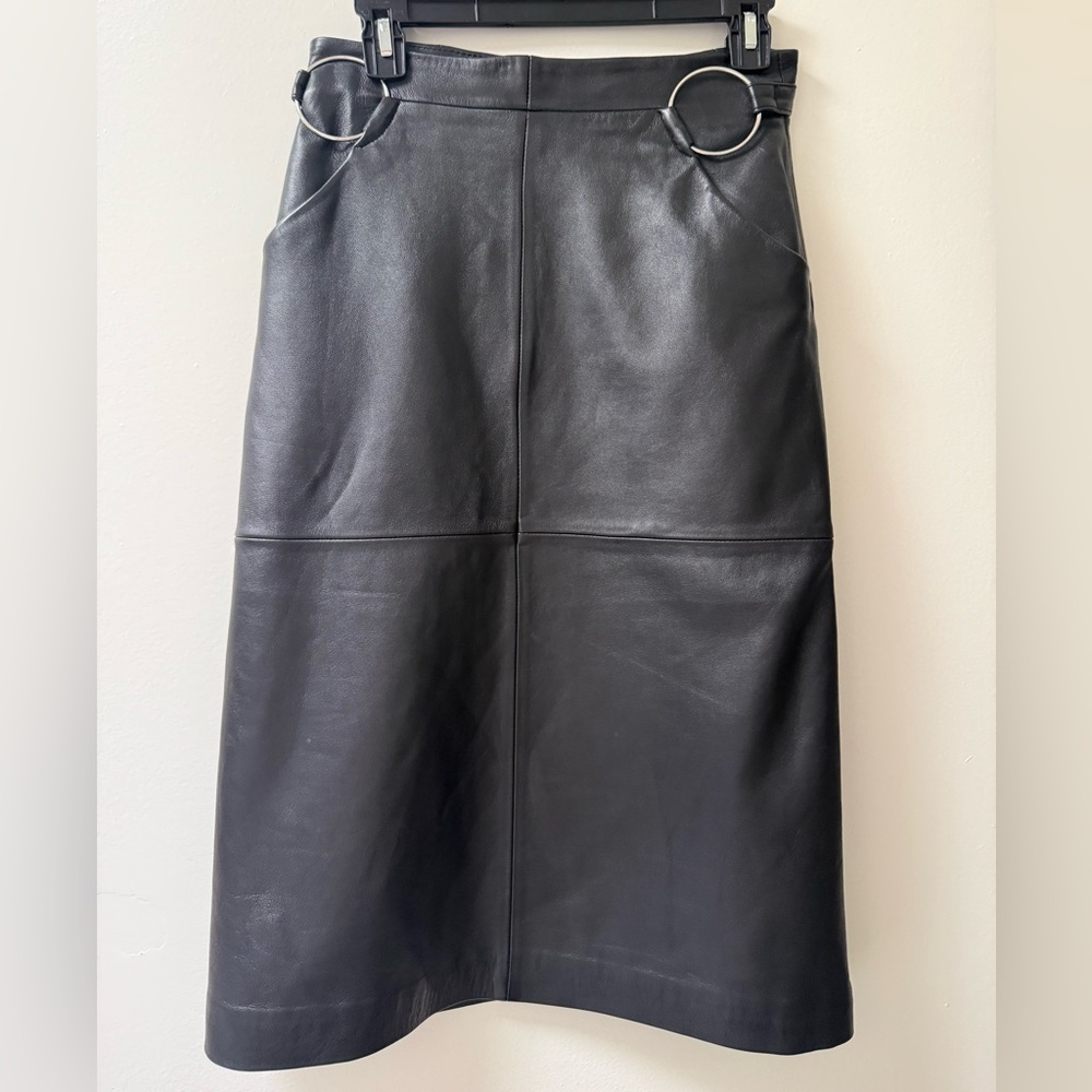 Topshop Black Faux Leather Midi Skirt with Silver Ring Details